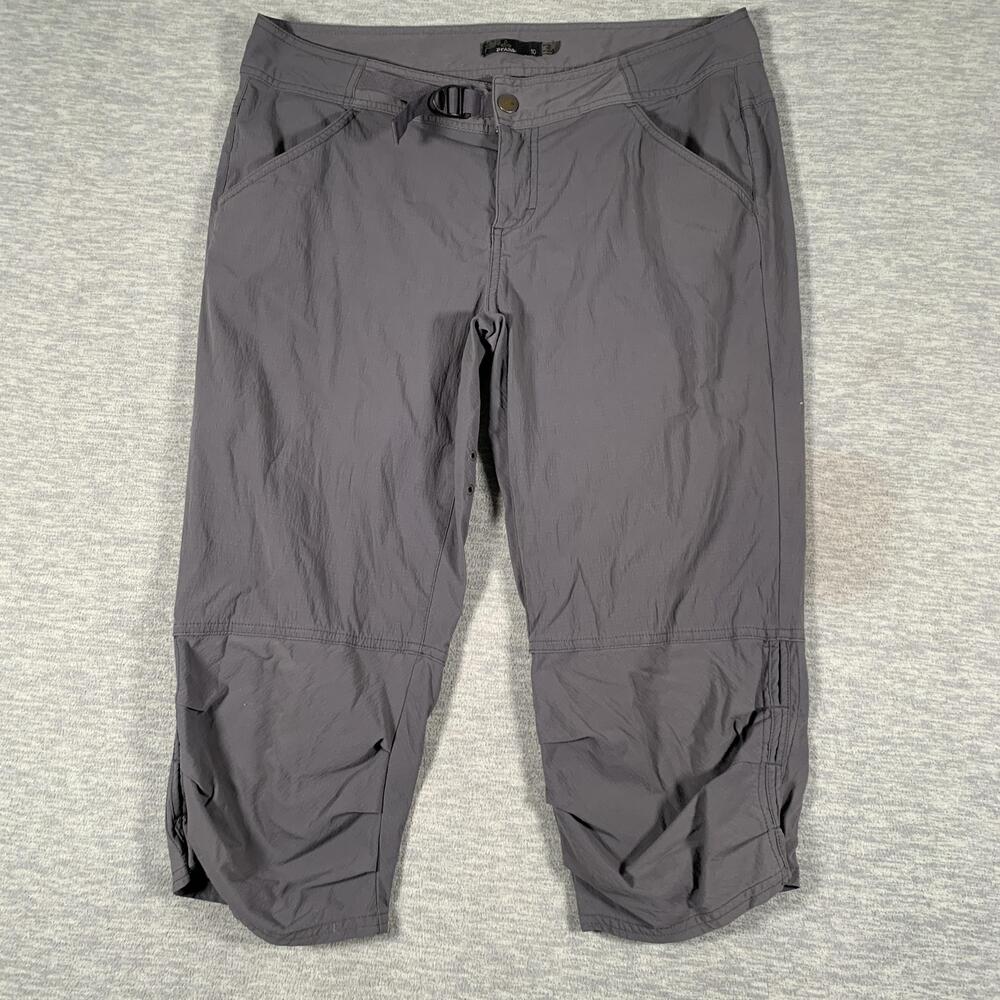 PrAna Capri Pants Womens 10 Gray Hiking Nylon Stretch Adjustable Waist Outdoor